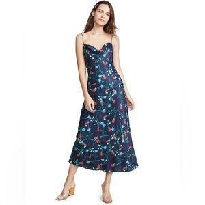 C/meo Collective Navy Blue Floral Roses Strappy Cowl Neck Midi Long Dress Sz XS